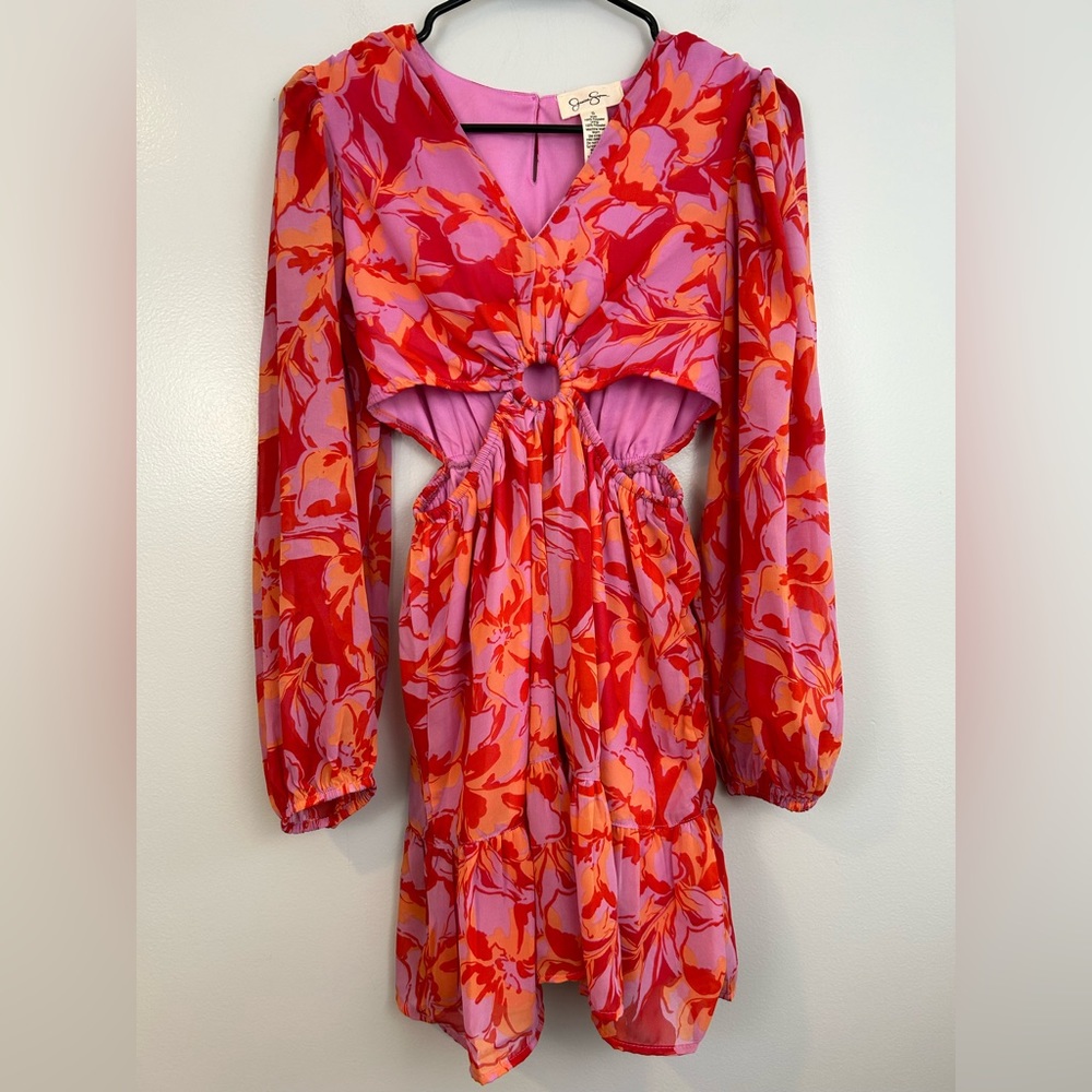 NWT Jessica Simpson Floral Long Sleeve Ruffle Dress with Side Cut Outs Size  S